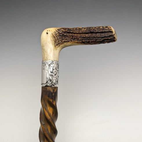 Around 1895 British Antique Men's Walking Stick Antler Clutch Handle Twist Shaft 85cm